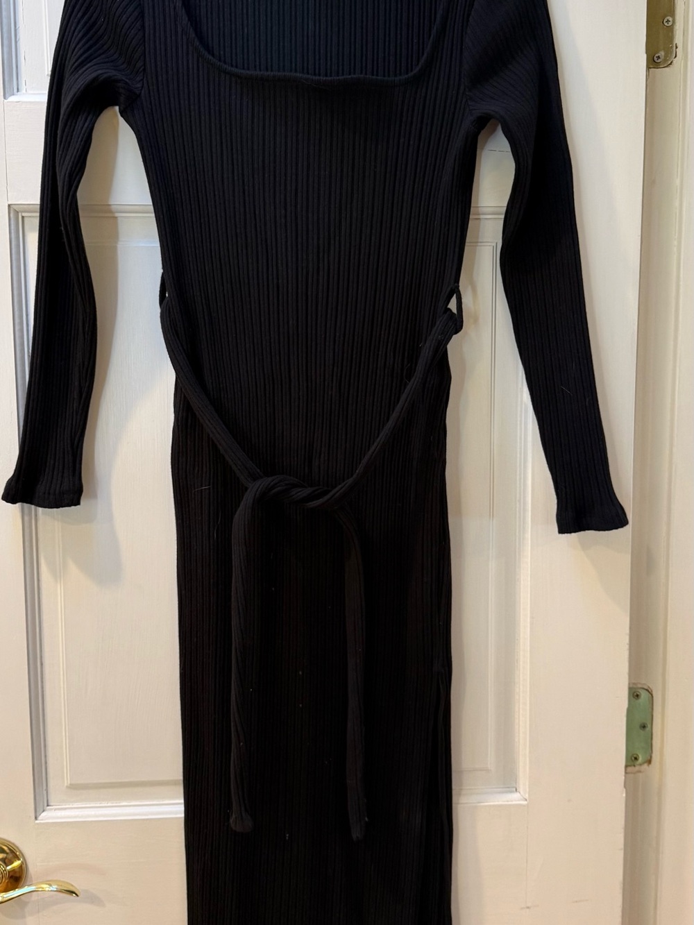 Topshop Black Rib-Knit Long Sleeve Tie-Waist Dress